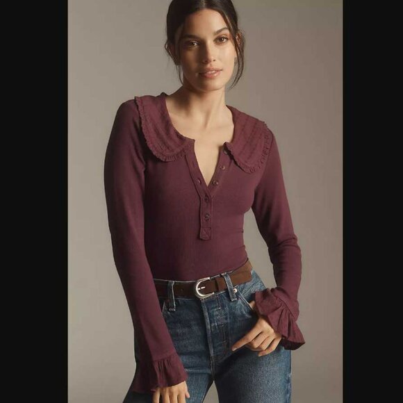 XS Pilcro Anthropologie The Keira collared button-front blouse Dark Purple - Picture 1 of 10